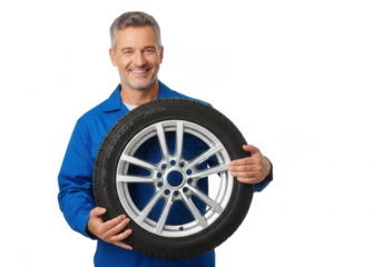 A smiling mechanic holding a car tire isolated on transparent background, showcasing automotive service