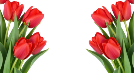 Several red tulips isolated on transparent background are arranged in a symmetrical composition