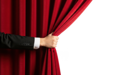 Hand pulling back a red stage curtain to reveal a blank white space, isolated on transparent background