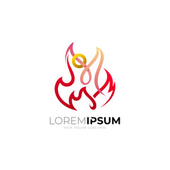 Flame logo and people care design combination, line style