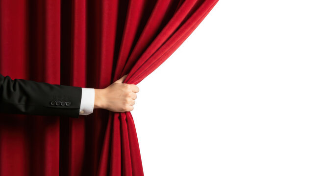 Hand pulling back a red stage curtain to reveal a blank white space, isolated on transparent background