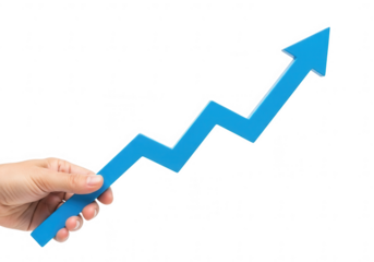 Hand holding a blue arrow pointing upwards isolated on transparent background