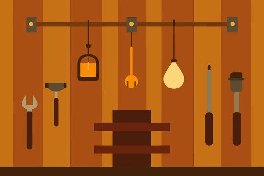 Vintage Wooden Wall With Hanging Tools Background Illustration