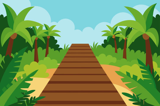 Wooden Pathway In Tropical Garden Background Illustration