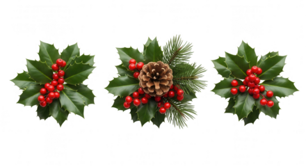 Festive christmas holly berry and pine cone arrangement isolated on transparent background