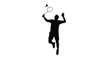 Dynamic silhouette of a badminton player in mid jump hitting a shuttlecock during a match