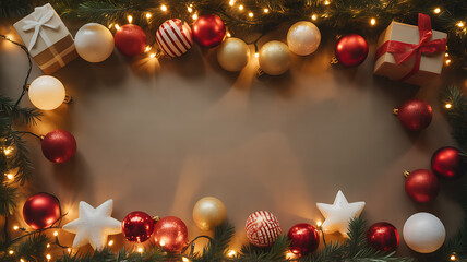 Christmas decoration frame with ornaments, lights, and gifts on a wooden background