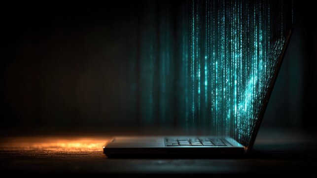 Glowing code streams from a laptop in a dark room