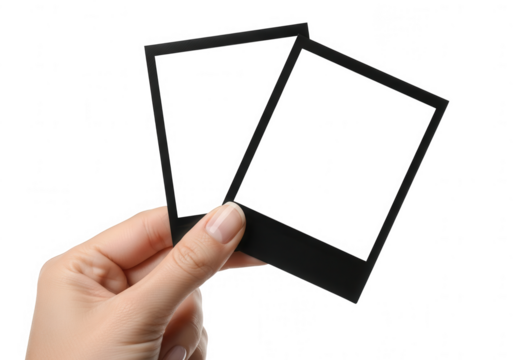 Hand holding two blank instant photo frames isolated on transparent background