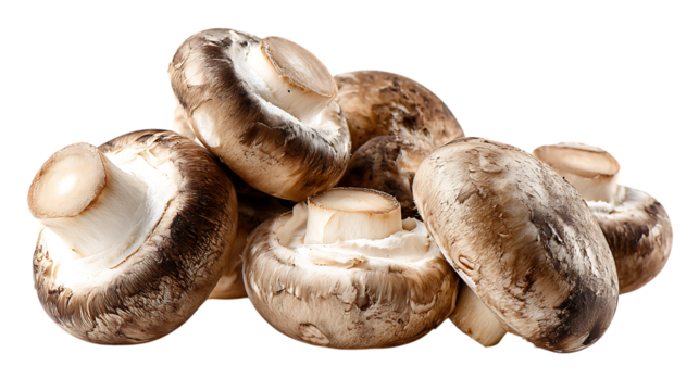 Group of fresh brown cremini mushrooms with visible gills on transparent background, close up