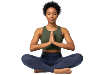 Young African woman meditating in lotus position isolated on transparent background, promoting relaxation and mindfulness