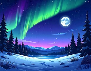 A vibrant winter landscape with the aurora borealis and a full moon