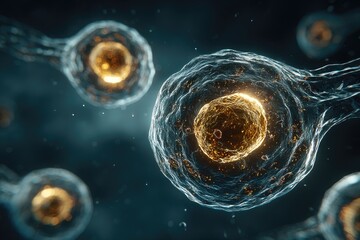 Translucent cells with bright golden centers, in blue