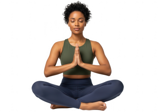 Young African woman meditating in lotus position isolated on transparent background, promoting relaxation and mindfulness