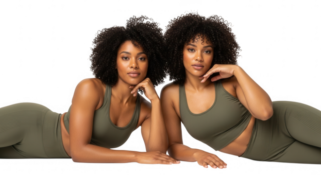 Two beautiful African women in green sportswear pose isolated on transparent background - Powered by Adobe