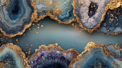 Blue agate slices with gold accents on gray background