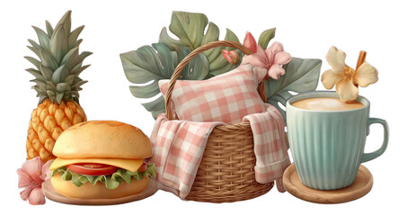 Fresh Summer Picnic Essentials with Food, Drink, and Nature Elements Isolated