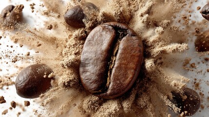 Coffee bean amid explosive coffee powder on white background