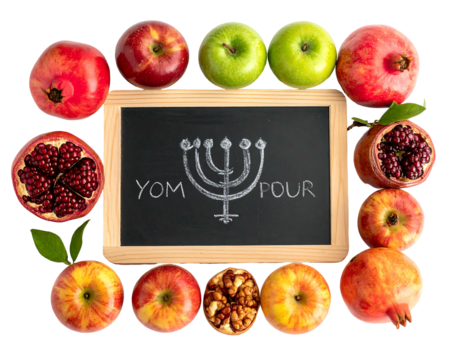 Fruit frame with a blackboard showing a sketched candelabra and "Yom Pour" in white chalk - Powered by Adobe