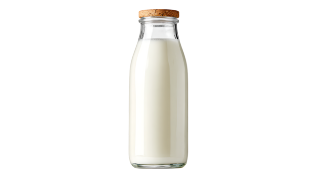 Milk in glass bottle with cork lid on transparent background for food photography