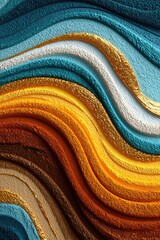 Textured, colorful waves flow, blue, gold, & bronze hues