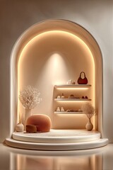 Niche display with goods, lighting, & chair