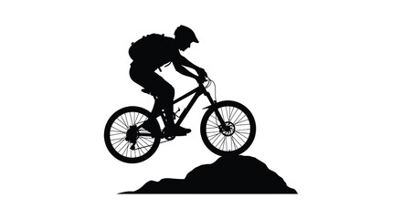 Obraz premium Dynamic silhouette of a mountain biker in mid air performing a jump over an obstacle on a white background