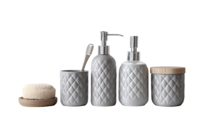 Matching bathroom set in neutral grey with diamond pattern