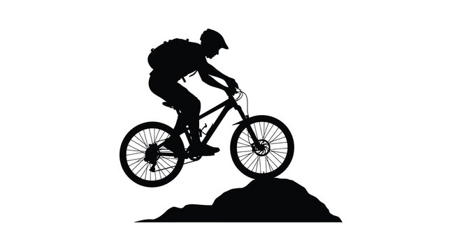 Dynamic silhouette of a mountain biker in mid air performing a jump over an obstacle on a white background