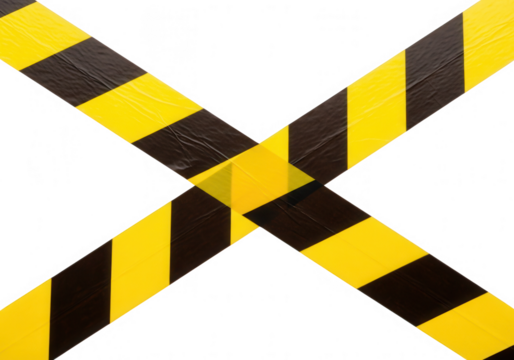 Yellow and black caution tape forming an x isolated on transparent background