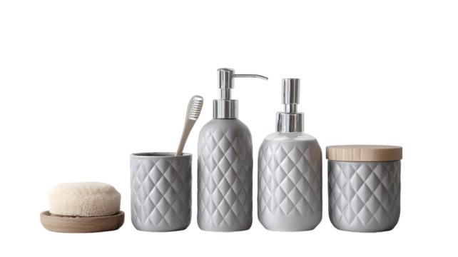 Matching bathroom set in neutral grey with diamond pattern