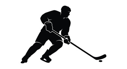Dynamic silhouette of a hockey player in action skating with stick and puck on white background silhouette