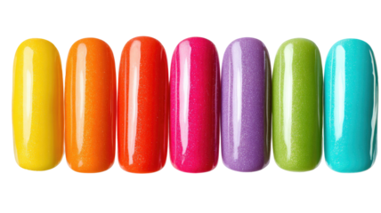Row of seven colorful, shiny, oblong capsules on a black background