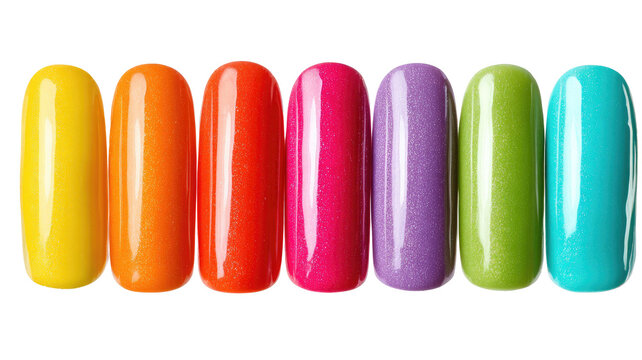 Row of seven colorful, shiny, oblong capsules on a black background - Powered by Adobe