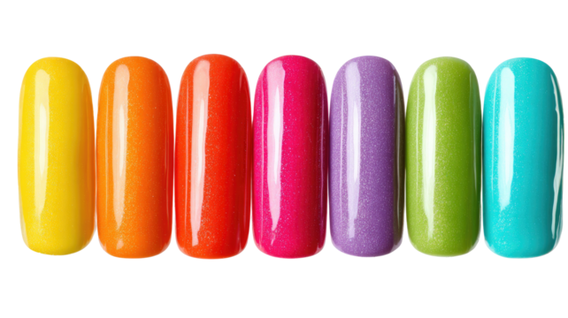 Row of seven colorful, shiny, oblong capsules on a black background