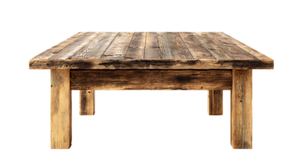 Rustic wood table with reclaimed planks isolated on transparent background