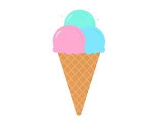 Colorful, cartoon scoops of ice cream in a waffle cone