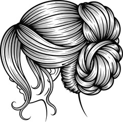 Elegant side view hairstyle, voluminous bun, flowing bangs, black and white hair sketch, fashion beauty art, flat vector illustration