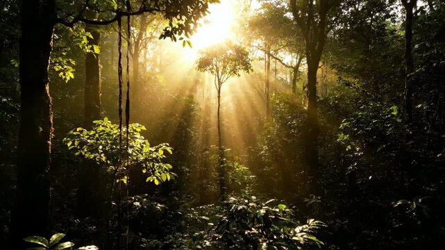 Timelapse of dramatic sunlight rays piercing through the dense rainforest canopy, creating shifting patterns of light and shadow ambiance, mysterious, piercing