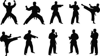 Martial arts silhouette, karate, taekwondo, kung fu, fighting poses, black figures, combat training, flat vector, isolated, traditional uniform