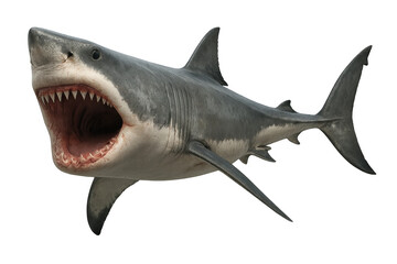 Great white shark portraying aggression with open mouth, showing sharp teeth and a powerful predator concept
