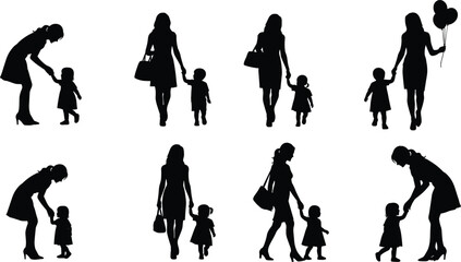 Mother and daughter silhouette, walking, talking, bonding, parenting moments, family love, childcare, emotional connection, black vector, flat design, isolated