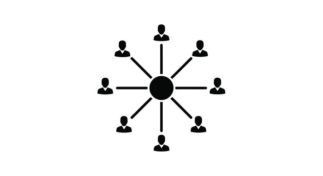 A simple black and white illustration depicting a central hub with people