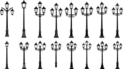 Vintage street lamp collection, ornate urban lighting design, retro lantern post set, decorative city lights, flat vector illustration