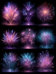 Colorful fireworks bursts in 9 variations on black