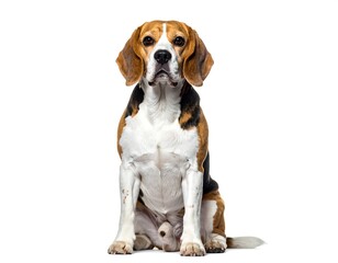 Beagle dog seated and looking forward on a pristine white background