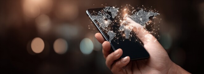 A hand holding a cell phone with a glowing screen that looks like a map