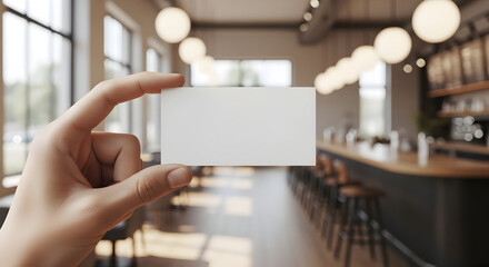 Blank business card being held up against a modern coffee shop interior provides the perfect setting to advertise