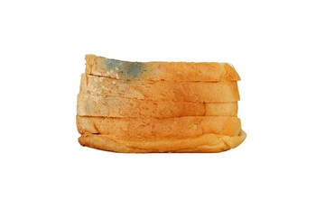 Moldy slices of bread on a white background, expired food, spoiled food
