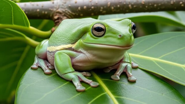 A vibrant green frog rests on a large, glossy leaf in a natural setting